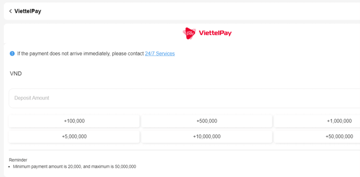Bảng điều khiển 8xbet hiển thị các phương thức thanh toán khác nhau bao gồm VIETTELPAY để nạp tiền.